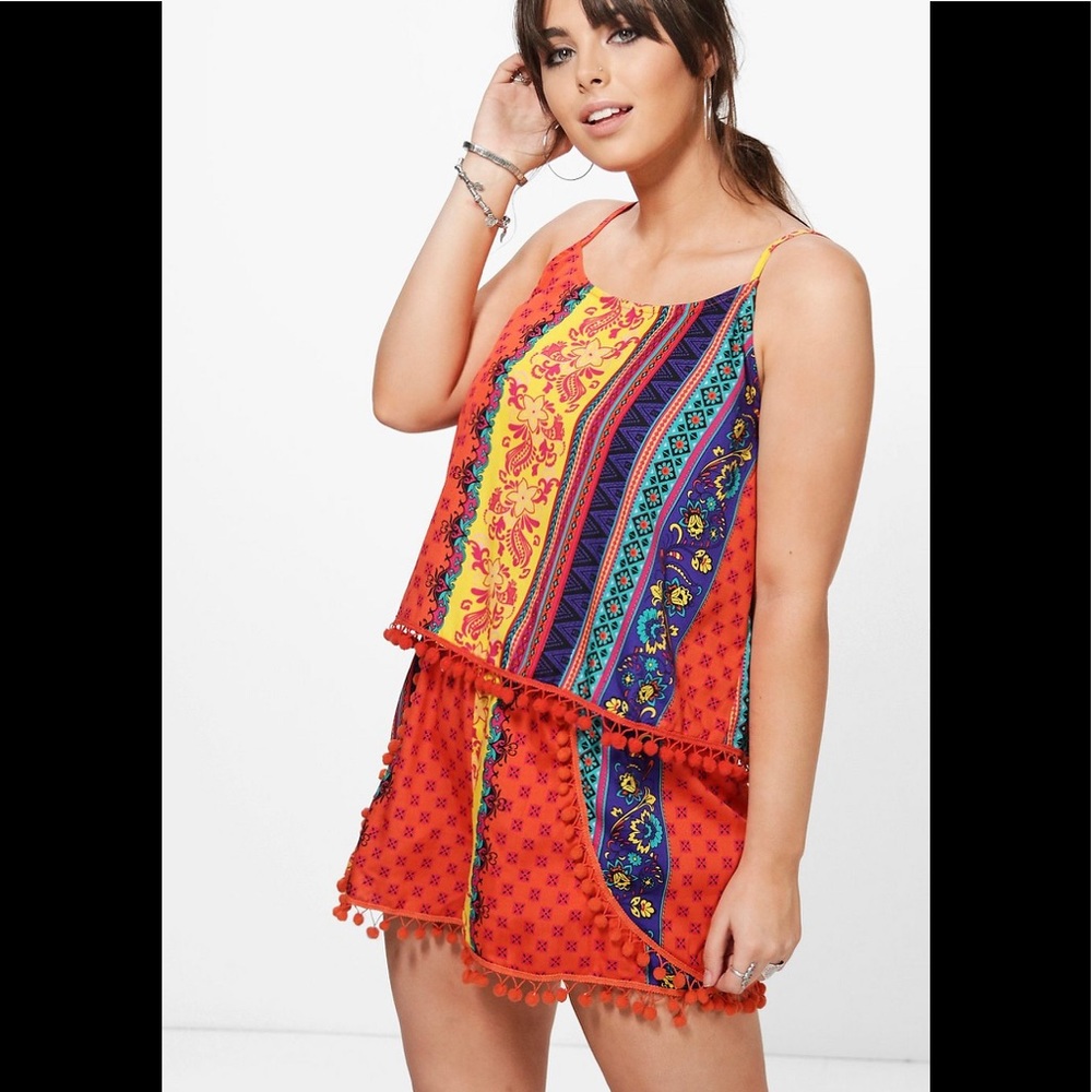 Boohoo Orange Pom Pom Tribal Print Two Piece Set